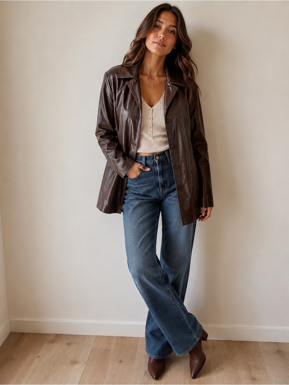 Women’s Brown Leather Blazer Jacket